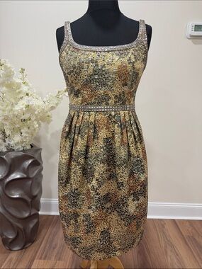 Carmen Marc Valvo 
Embellished Animal-Print Midi Dress in Gold and Brown